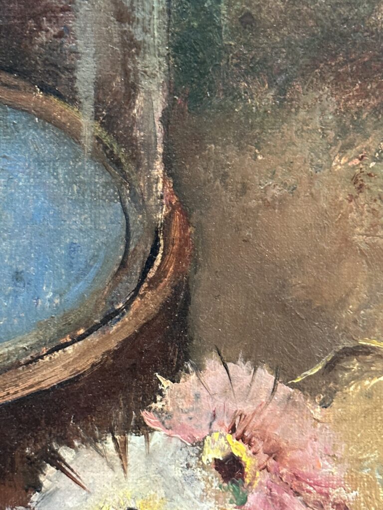 dipinto ad olio campana di vetro con fiori epoca XX secolo